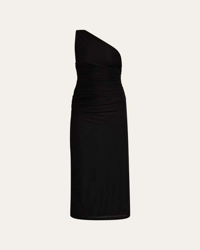 Ruched One-Shoulder Sheath Midi Dress